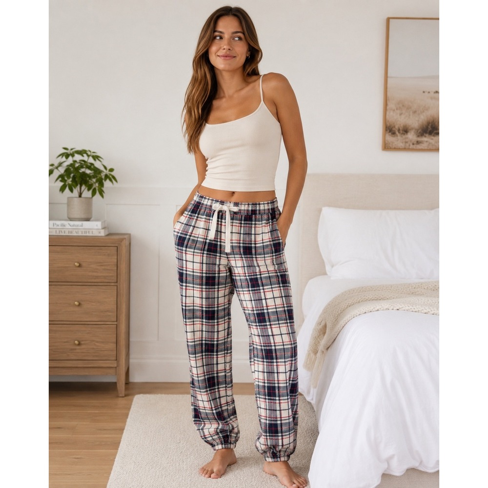 Abercrombie & Fitch Flannel Plaid Pajama Jogger Pants Red Navy Cream Medium